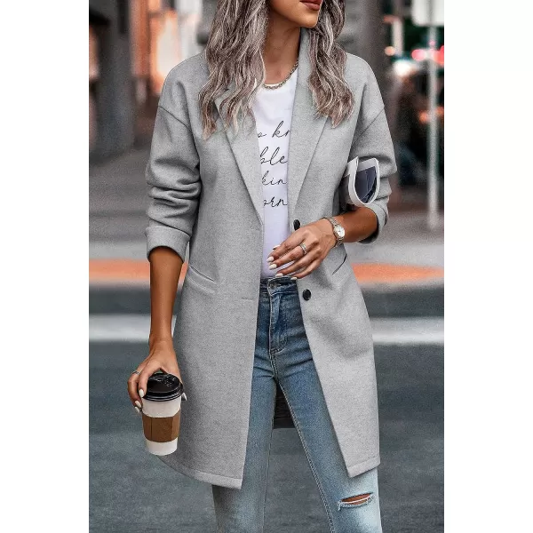 imagePRETTYGARDEN Womens 2023 Plaid Shacket Jacket Casual Button Wool Blend Winter Tartan Trench Coat With PocketsSolid Light Grey