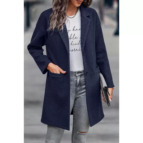 imagePRETTYGARDEN Womens 2023 Plaid Shacket Jacket Casual Button Wool Blend Winter Tartan Trench Coat With PocketsSolid Navy
