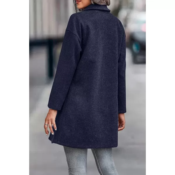 imagePRETTYGARDEN Womens 2023 Plaid Shacket Jacket Casual Button Wool Blend Winter Tartan Trench Coat With PocketsSolid Navy
