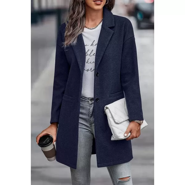 imagePRETTYGARDEN Womens 2023 Plaid Shacket Jacket Casual Button Wool Blend Winter Tartan Trench Coat With PocketsSolid Navy