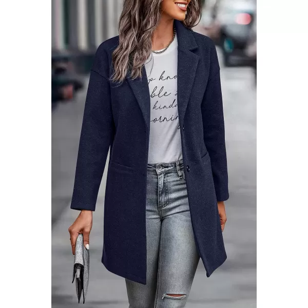 imagePRETTYGARDEN Womens 2023 Plaid Shacket Jacket Casual Button Wool Blend Winter Tartan Trench Coat With PocketsSolid Navy