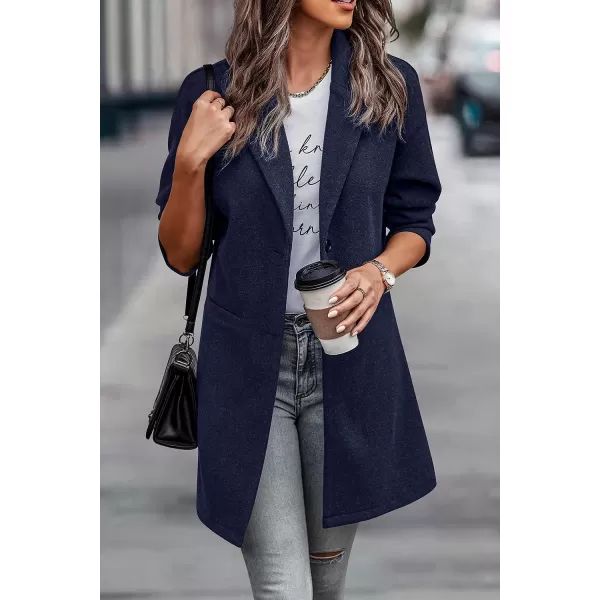 imagePRETTYGARDEN Womens 2023 Plaid Shacket Jacket Casual Button Wool Blend Winter Tartan Trench Coat With PocketsSolid Navy