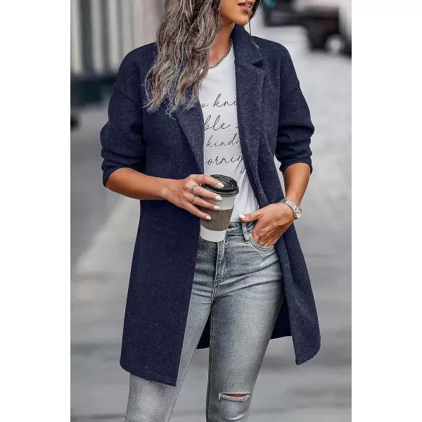 imagePRETTYGARDEN Womens 2023 Plaid Shacket Jacket Casual Button Wool Blend Winter Tartan Trench Coat With PocketsSolid Navy