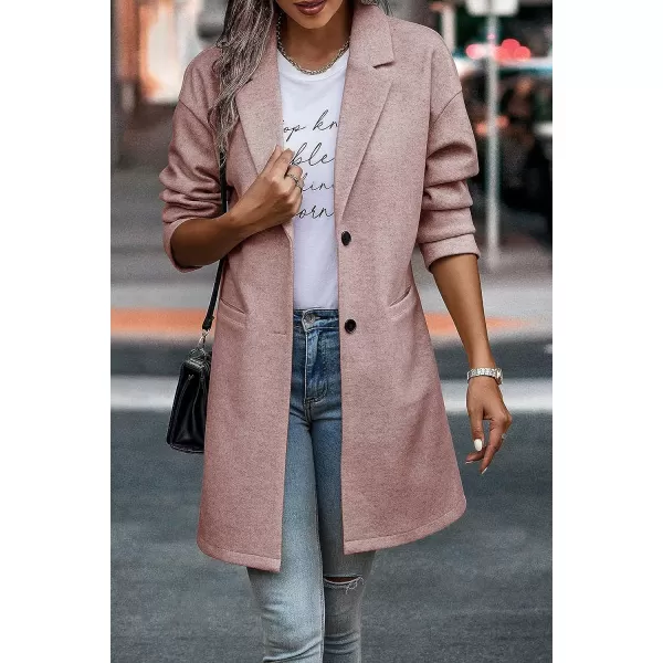 imagePRETTYGARDEN Womens 2023 Plaid Shacket Jacket Casual Button Wool Blend Winter Tartan Trench Coat With PocketsSolid Pink