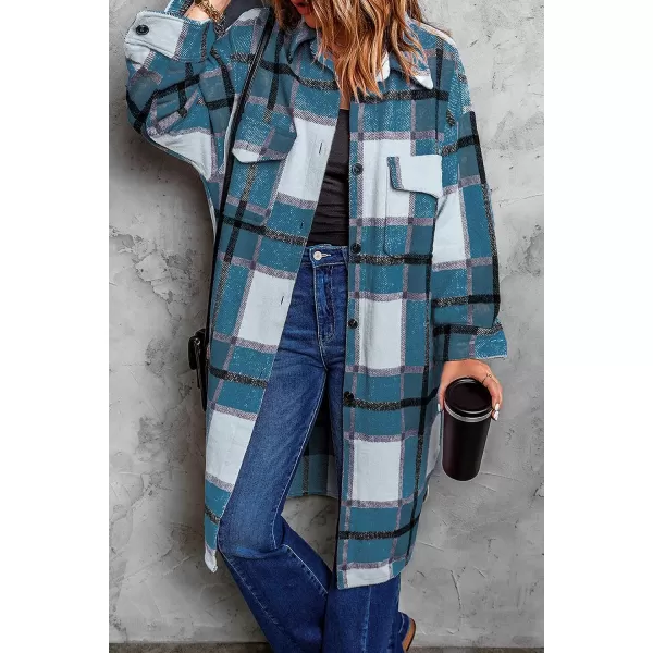 imagePRETTYGARDEN Womens 2023 Plaid Shacket Jacket Long Sleeve Button Down Shirts Fashion Winter Wool CoatsBlue Green