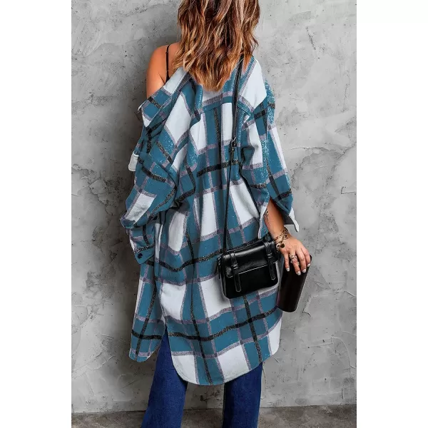 imagePRETTYGARDEN Womens 2023 Plaid Shacket Jacket Long Sleeve Button Down Shirts Fashion Winter Wool CoatsBlue Green