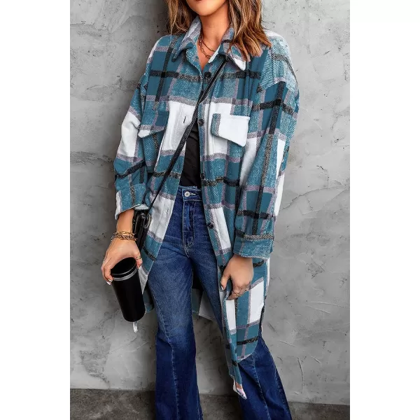 imagePRETTYGARDEN Womens 2023 Plaid Shacket Jacket Long Sleeve Button Down Shirts Fashion Winter Wool CoatsBlue Green