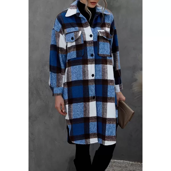 imagePRETTYGARDEN Womens 2023 Plaid Shacket Jacket Long Sleeve Button Down Shirts Fashion Winter Wool CoatsDark Blue