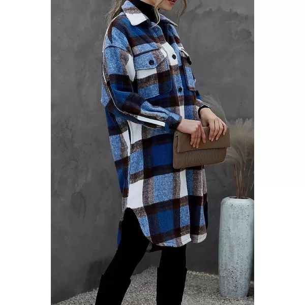 imagePRETTYGARDEN Womens 2023 Plaid Shacket Jacket Long Sleeve Button Down Shirts Fashion Winter Wool CoatsDark Blue