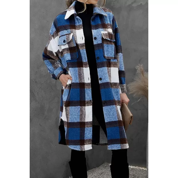 imagePRETTYGARDEN Womens 2023 Plaid Shacket Jacket Long Sleeve Button Down Shirts Fashion Winter Wool CoatsDark Blue