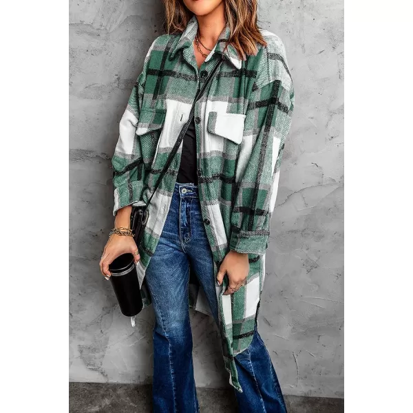 imagePRETTYGARDEN Womens 2023 Plaid Shacket Jacket Long Sleeve Button Down Shirts Fashion Winter Wool CoatsGreen