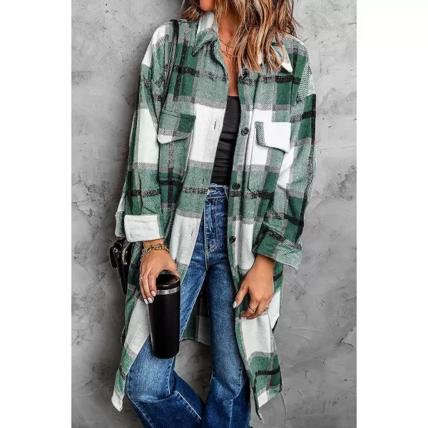 imagePRETTYGARDEN Womens 2023 Plaid Shacket Jacket Long Sleeve Button Down Shirts Fashion Winter Wool CoatsGreen