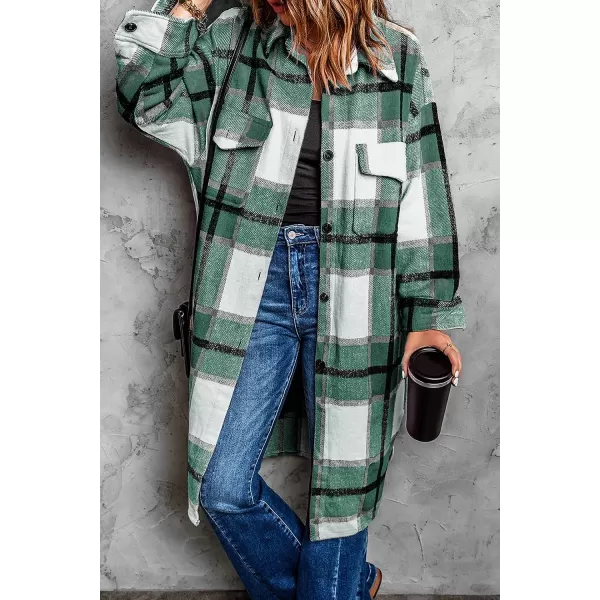 imagePRETTYGARDEN Womens 2023 Plaid Shacket Jacket Long Sleeve Button Down Shirts Fashion Winter Wool CoatsGreen