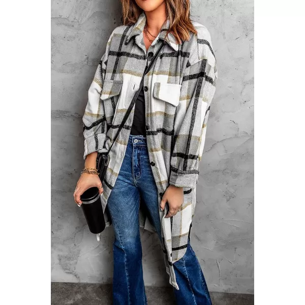 imagePRETTYGARDEN Womens 2023 Plaid Shacket Jacket Long Sleeve Button Down Shirts Fashion Winter Wool CoatsGrey