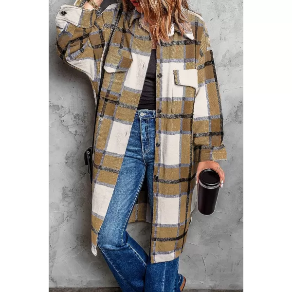 imagePRETTYGARDEN Womens 2023 Plaid Shacket Jacket Long Sleeve Button Down Shirts Fashion Winter Wool CoatsKhaki