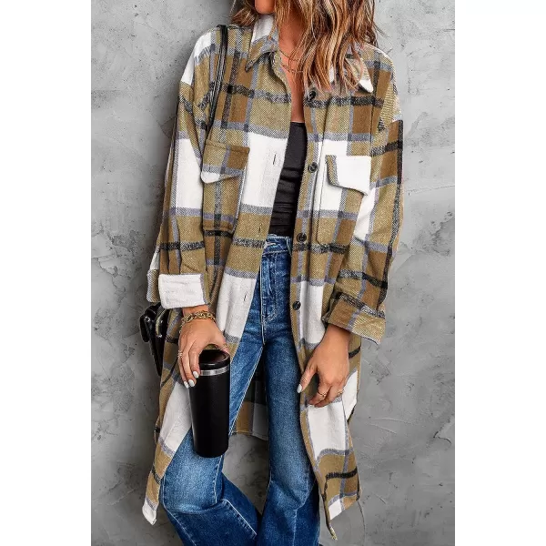 imagePRETTYGARDEN Womens 2023 Plaid Shacket Jacket Long Sleeve Button Down Shirts Fashion Winter Wool CoatsKhaki