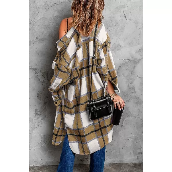 imagePRETTYGARDEN Womens 2023 Plaid Shacket Jacket Long Sleeve Button Down Shirts Fashion Winter Wool CoatsKhaki