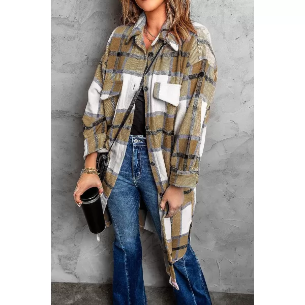 imagePRETTYGARDEN Womens 2023 Plaid Shacket Jacket Long Sleeve Button Down Shirts Fashion Winter Wool CoatsKhaki