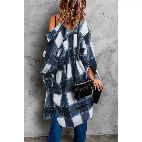 imagePRETTYGARDEN Womens 2023 Plaid Shacket Jacket Long Sleeve Button Down Shirts Fashion Winter Wool CoatsNavy
