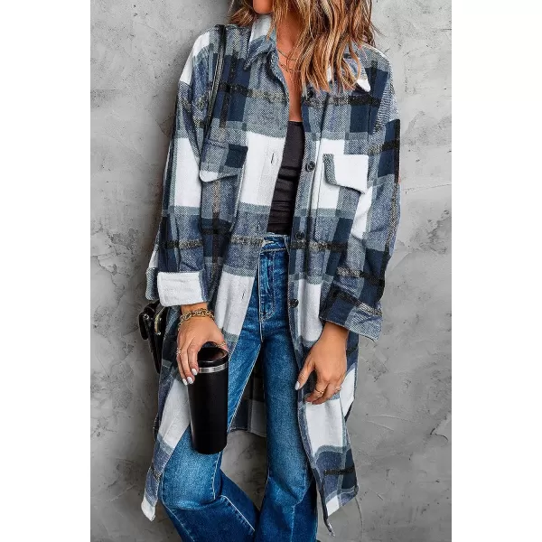 imagePRETTYGARDEN Womens 2023 Plaid Shacket Jacket Long Sleeve Button Down Shirts Fashion Winter Wool CoatsNavy