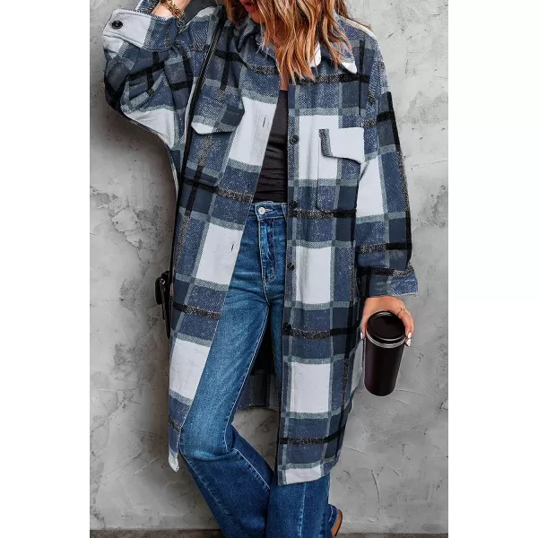 imagePRETTYGARDEN Womens 2023 Plaid Shacket Jacket Long Sleeve Button Down Shirts Fashion Winter Wool CoatsNavy