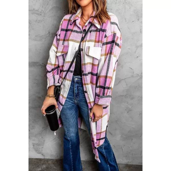 imagePRETTYGARDEN Womens 2023 Plaid Shacket Jacket Long Sleeve Button Down Shirts Fashion Winter Wool CoatsPink