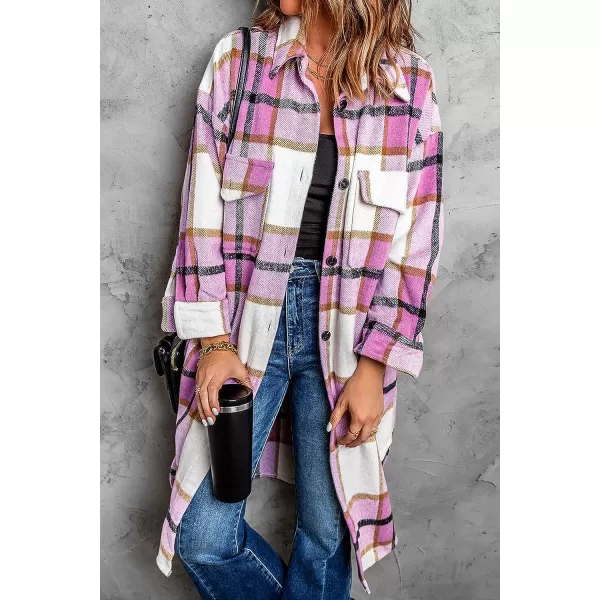 imagePRETTYGARDEN Womens 2023 Plaid Shacket Jacket Long Sleeve Button Down Shirts Fashion Winter Wool CoatsPink