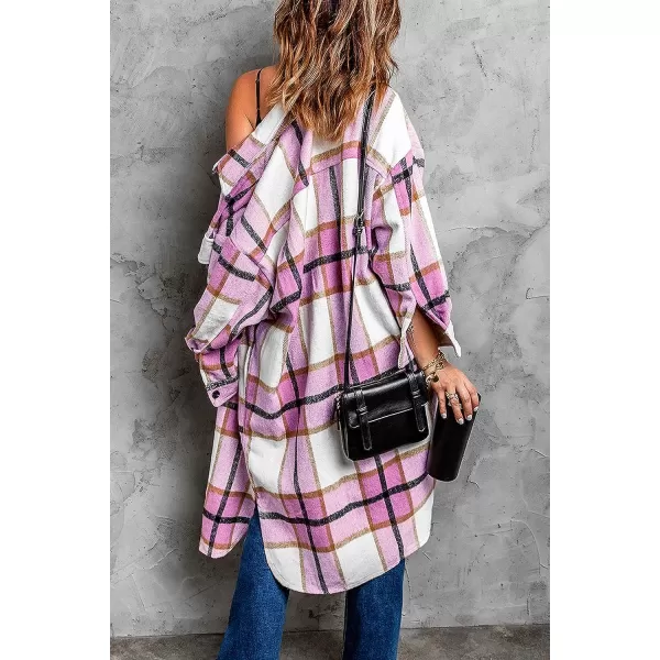 imagePRETTYGARDEN Womens 2023 Plaid Shacket Jacket Long Sleeve Button Down Shirts Fashion Winter Wool CoatsPink