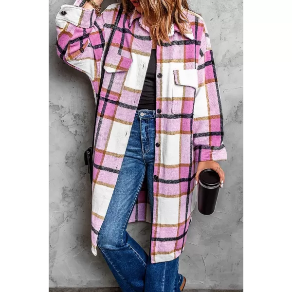 imagePRETTYGARDEN Womens 2023 Plaid Shacket Jacket Long Sleeve Button Down Shirts Fashion Winter Wool CoatsPink