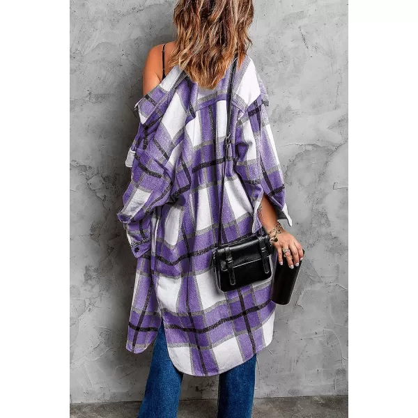 imagePRETTYGARDEN Womens 2023 Plaid Shacket Jacket Long Sleeve Button Down Shirts Fashion Winter Wool CoatsPurple