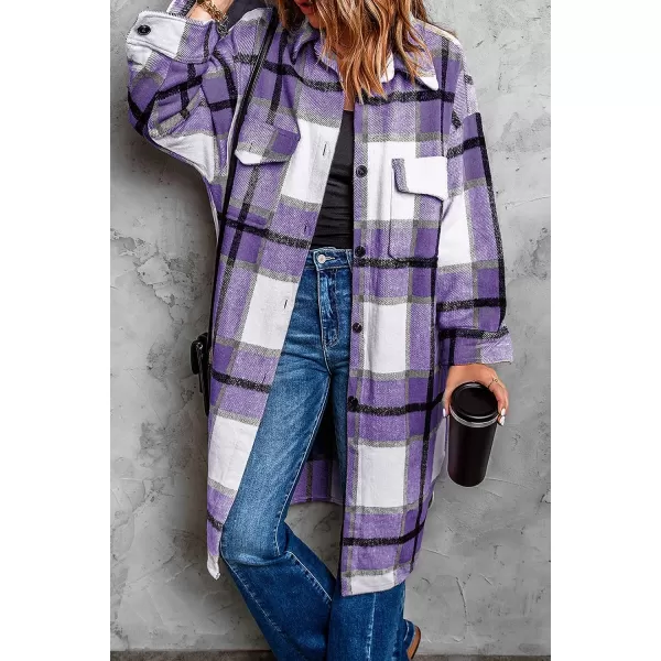 imagePRETTYGARDEN Womens 2023 Plaid Shacket Jacket Long Sleeve Button Down Shirts Fashion Winter Wool CoatsPurple