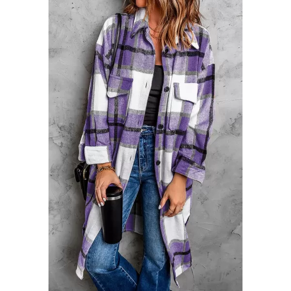 imagePRETTYGARDEN Womens 2023 Plaid Shacket Jacket Long Sleeve Button Down Shirts Fashion Winter Wool CoatsPurple