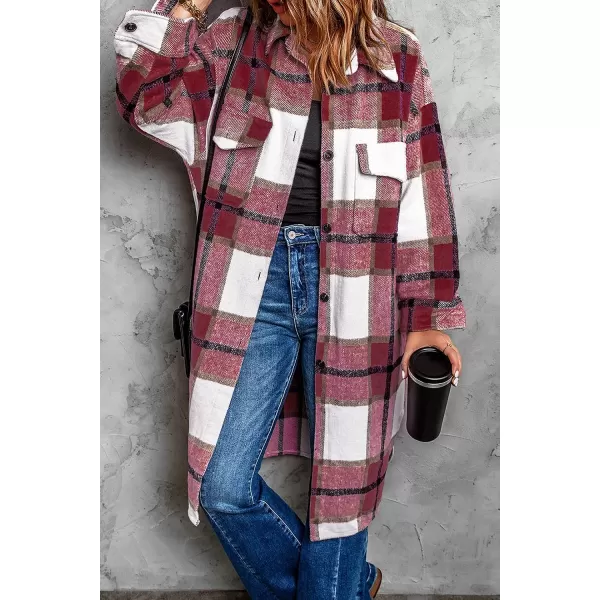 imagePRETTYGARDEN Womens 2023 Plaid Shacket Jacket Long Sleeve Button Down Shirts Fashion Winter Wool CoatsRed