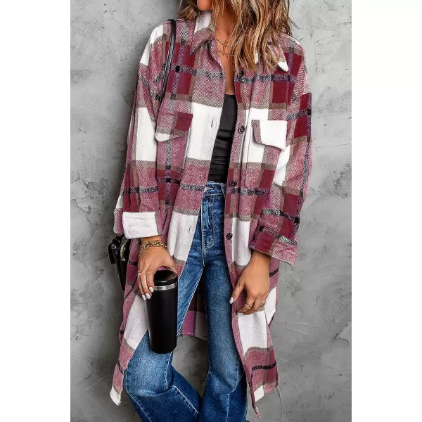 imagePRETTYGARDEN Womens 2023 Plaid Shacket Jacket Long Sleeve Button Down Shirts Fashion Winter Wool CoatsRed