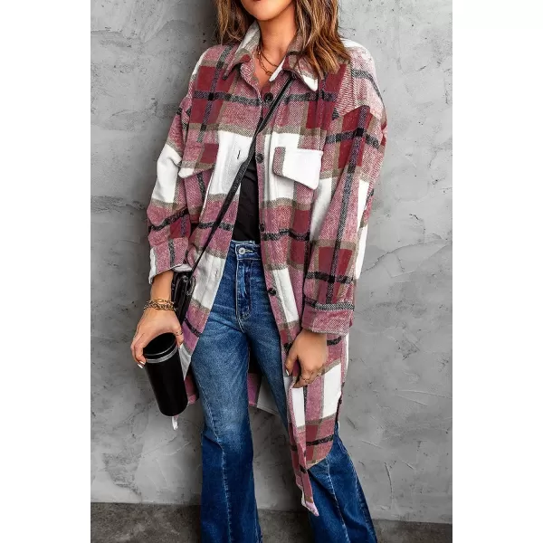 imagePRETTYGARDEN Womens 2023 Plaid Shacket Jacket Long Sleeve Button Down Shirts Fashion Winter Wool CoatsRed