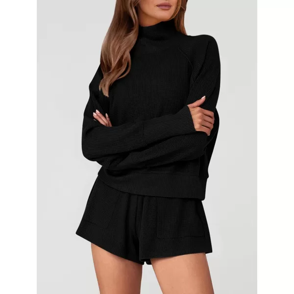 imagePRETTYGARDEN Womens 2023 Ribbed Knit Lounge Set 2 Piece Outfits Long Sleeve Tops and Shorts Fall Loungewear Sets with PocketsBlack