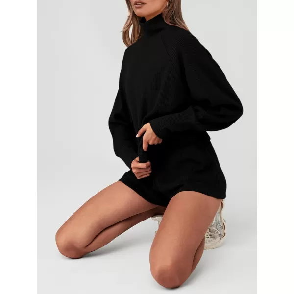 imagePRETTYGARDEN Womens 2023 Ribbed Knit Lounge Set 2 Piece Outfits Long Sleeve Tops and Shorts Fall Loungewear Sets with PocketsBlack