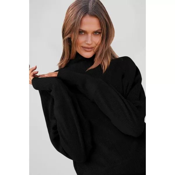 imagePRETTYGARDEN Womens 2023 Ribbed Knit Lounge Set 2 Piece Outfits Long Sleeve Tops and Shorts Fall Loungewear Sets with PocketsBlack