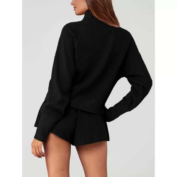 imagePRETTYGARDEN Womens 2023 Ribbed Knit Lounge Set 2 Piece Outfits Long Sleeve Tops and Shorts Fall Loungewear Sets with PocketsBlack
