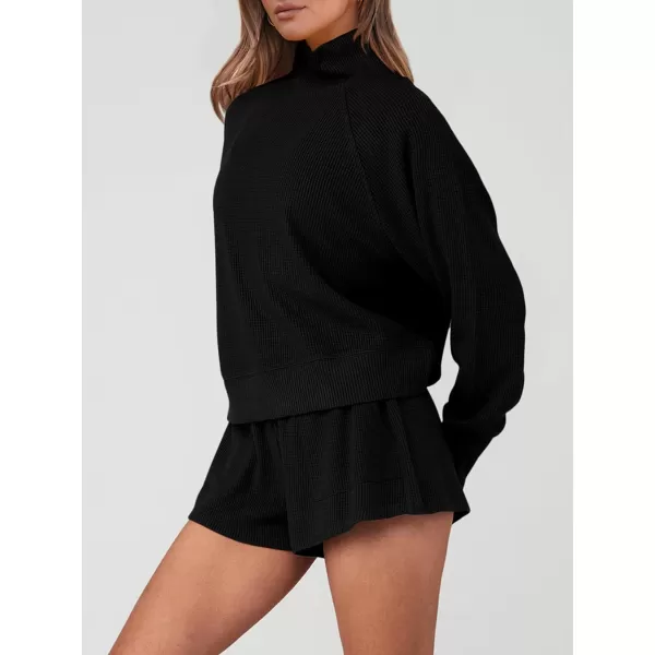 imagePRETTYGARDEN Womens 2023 Ribbed Knit Lounge Set 2 Piece Outfits Long Sleeve Tops and Shorts Fall Loungewear Sets with PocketsBlack