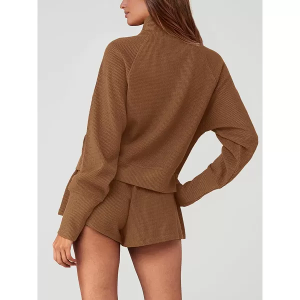 imagePRETTYGARDEN Womens 2023 Ribbed Knit Lounge Set 2 Piece Outfits Long Sleeve Tops and Shorts Fall Loungewear Sets with PocketsCoffee