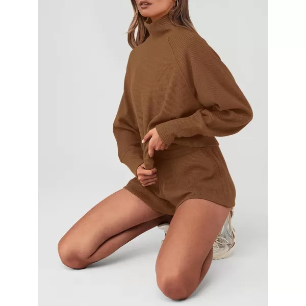 imagePRETTYGARDEN Womens 2023 Ribbed Knit Lounge Set 2 Piece Outfits Long Sleeve Tops and Shorts Fall Loungewear Sets with PocketsCoffee