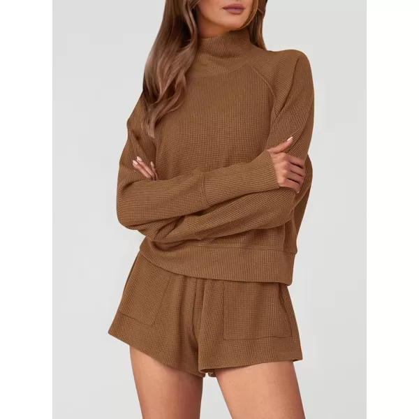 imagePRETTYGARDEN Womens 2023 Ribbed Knit Lounge Set 2 Piece Outfits Long Sleeve Tops and Shorts Fall Loungewear Sets with PocketsCoffee