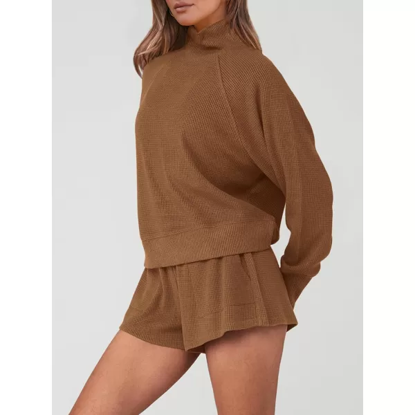 imagePRETTYGARDEN Womens 2023 Ribbed Knit Lounge Set 2 Piece Outfits Long Sleeve Tops and Shorts Fall Loungewear Sets with PocketsCoffee