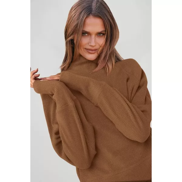 imagePRETTYGARDEN Womens 2023 Ribbed Knit Lounge Set 2 Piece Outfits Long Sleeve Tops and Shorts Fall Loungewear Sets with PocketsCoffee