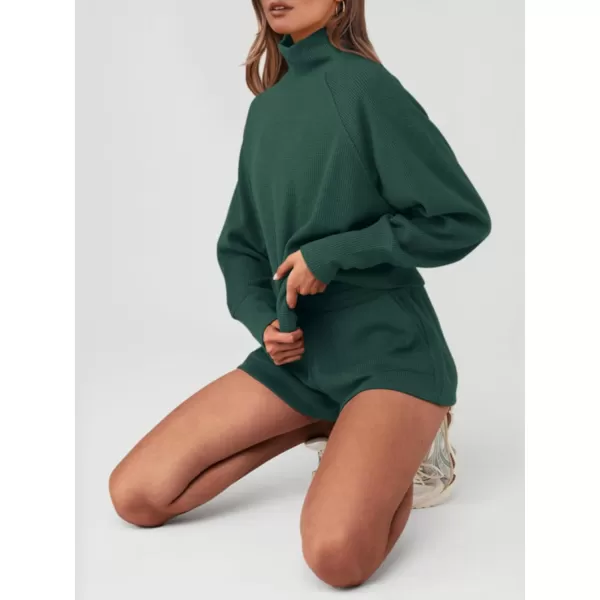 imagePRETTYGARDEN Womens 2023 Ribbed Knit Lounge Set 2 Piece Outfits Long Sleeve Tops and Shorts Fall Loungewear Sets with PocketsDark Green