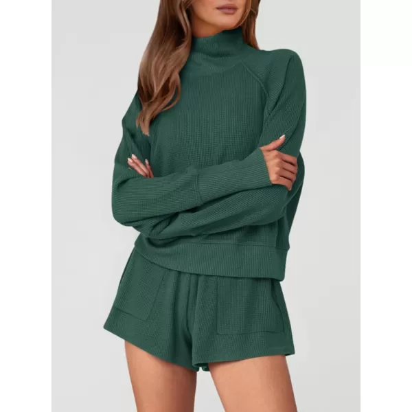 imagePRETTYGARDEN Womens 2023 Ribbed Knit Lounge Set 2 Piece Outfits Long Sleeve Tops and Shorts Fall Loungewear Sets with PocketsDark Green