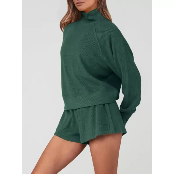 imagePRETTYGARDEN Womens 2023 Ribbed Knit Lounge Set 2 Piece Outfits Long Sleeve Tops and Shorts Fall Loungewear Sets with PocketsDark Green