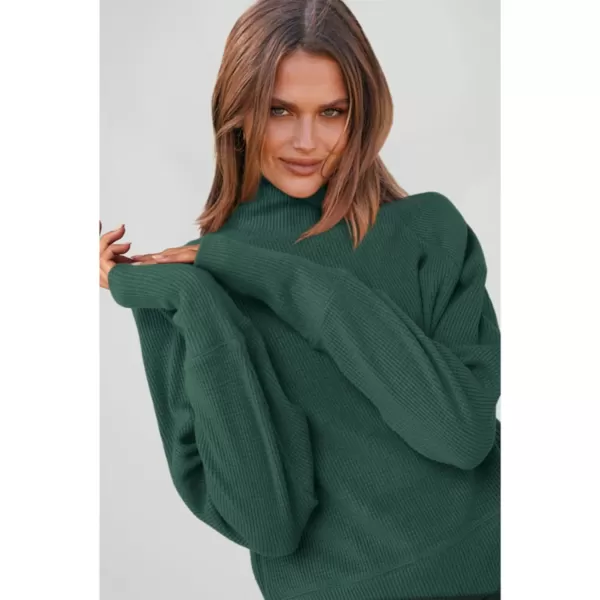 imagePRETTYGARDEN Womens 2023 Ribbed Knit Lounge Set 2 Piece Outfits Long Sleeve Tops and Shorts Fall Loungewear Sets with PocketsDark Green