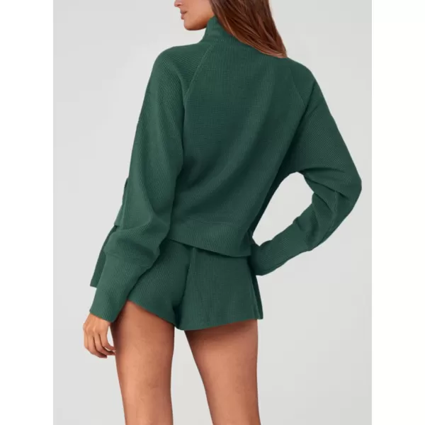 imagePRETTYGARDEN Womens 2023 Ribbed Knit Lounge Set 2 Piece Outfits Long Sleeve Tops and Shorts Fall Loungewear Sets with PocketsDark Green